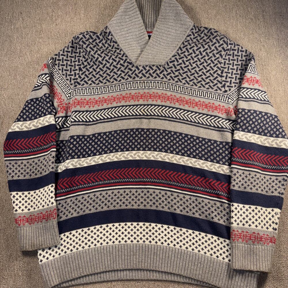 Tommy Hilfiger Sweater Size 2XL Gray Blue Geometric Shawl Collar Eclectic